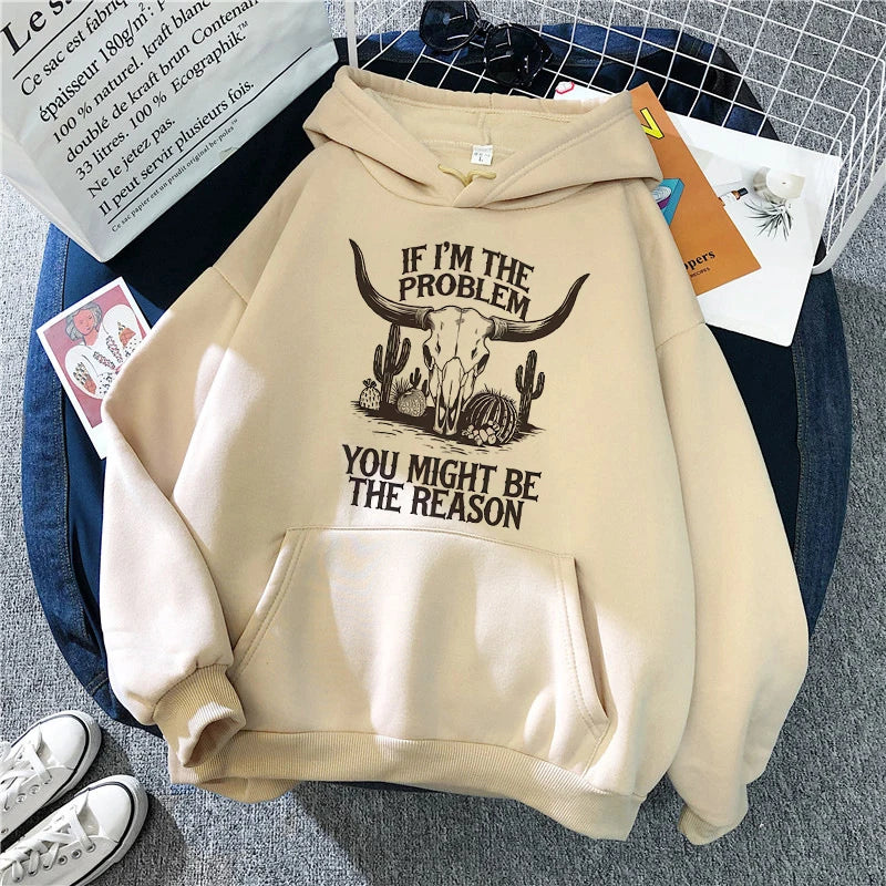 Women's Funny Western Cowgirl Hoodies Slogan If I'm The Problem You Might Be The Reason Print Hooded 90s y2k sweatshirts Clothes
