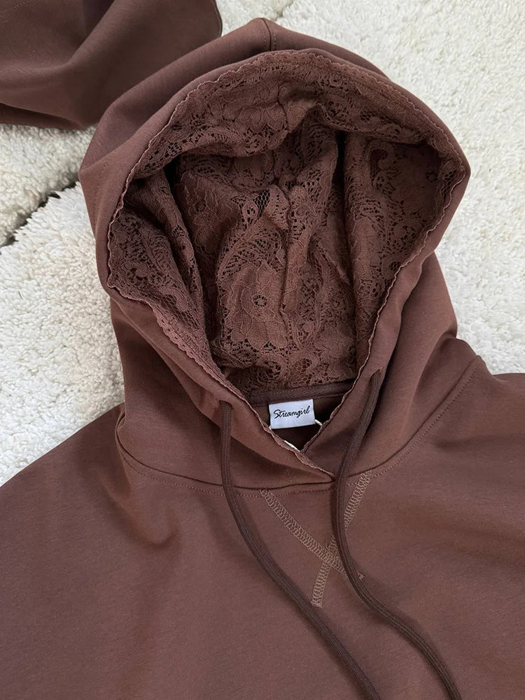 Streamgirl Brown Hoodies With Lace Women Oversize Plain Spring Elegant Butter Yellow Hooded Sweatshirts For Women Oversized