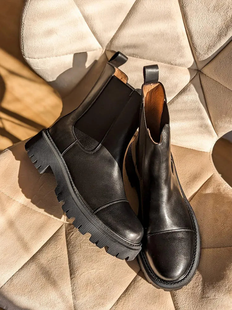 BeauToday Chelsea Women's Genuine Leather Boots Platform Round Toe Elastic Band Thick Sole Ladies Shoes Handmade 02379S