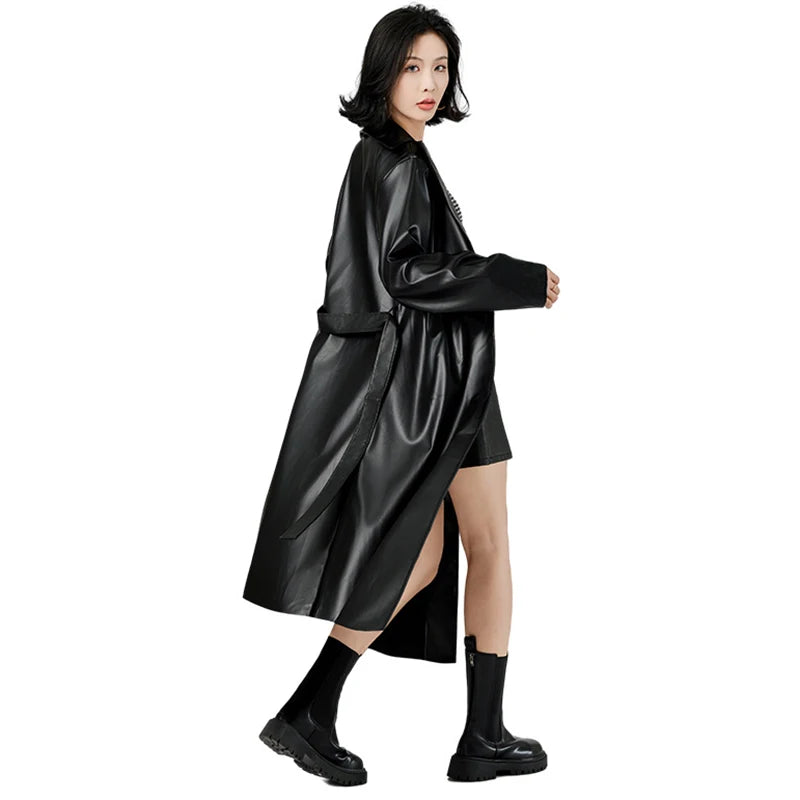 Women's Streetwear Windbreaker Black Tie Up Pu Leather Jackets For Women Fall Winter Windproof Anoraks Trench Coat For Women