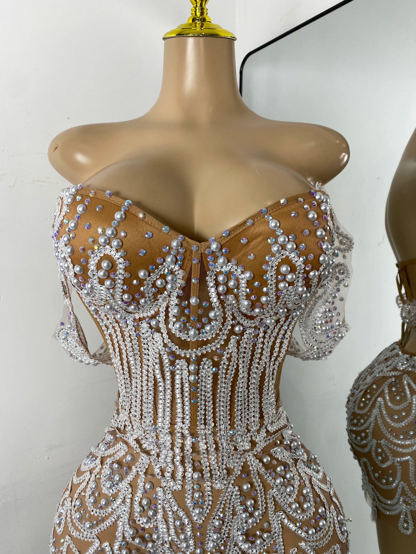 Luxury Pearls Sparkly Rhinestones Women Sexy Off Shoulder Mesh See Through Mini Bodycon Birthday Dress Party Performance Costume
