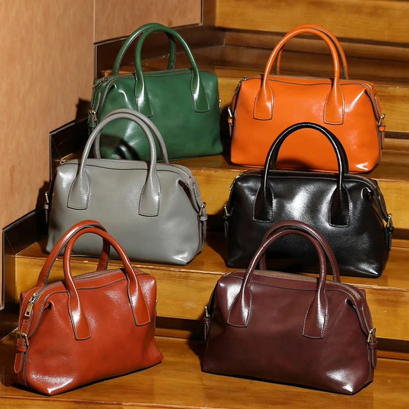 BURMINSA Genuine Cowhide Leather Handbags For Women Retro Pillow Top Handle Bags Bowling Daily Work Crossbody Shoulder Purses