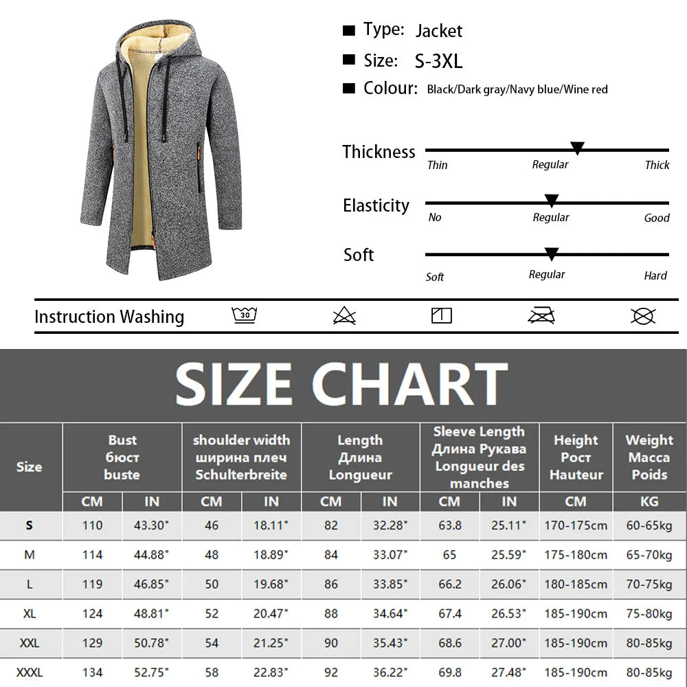 Winter Men's Long Overcoat Jackets Casual Hooded Cardigans Men Outwear Liner Thickened Warm Hoodies Oversize Winter Top Jacket