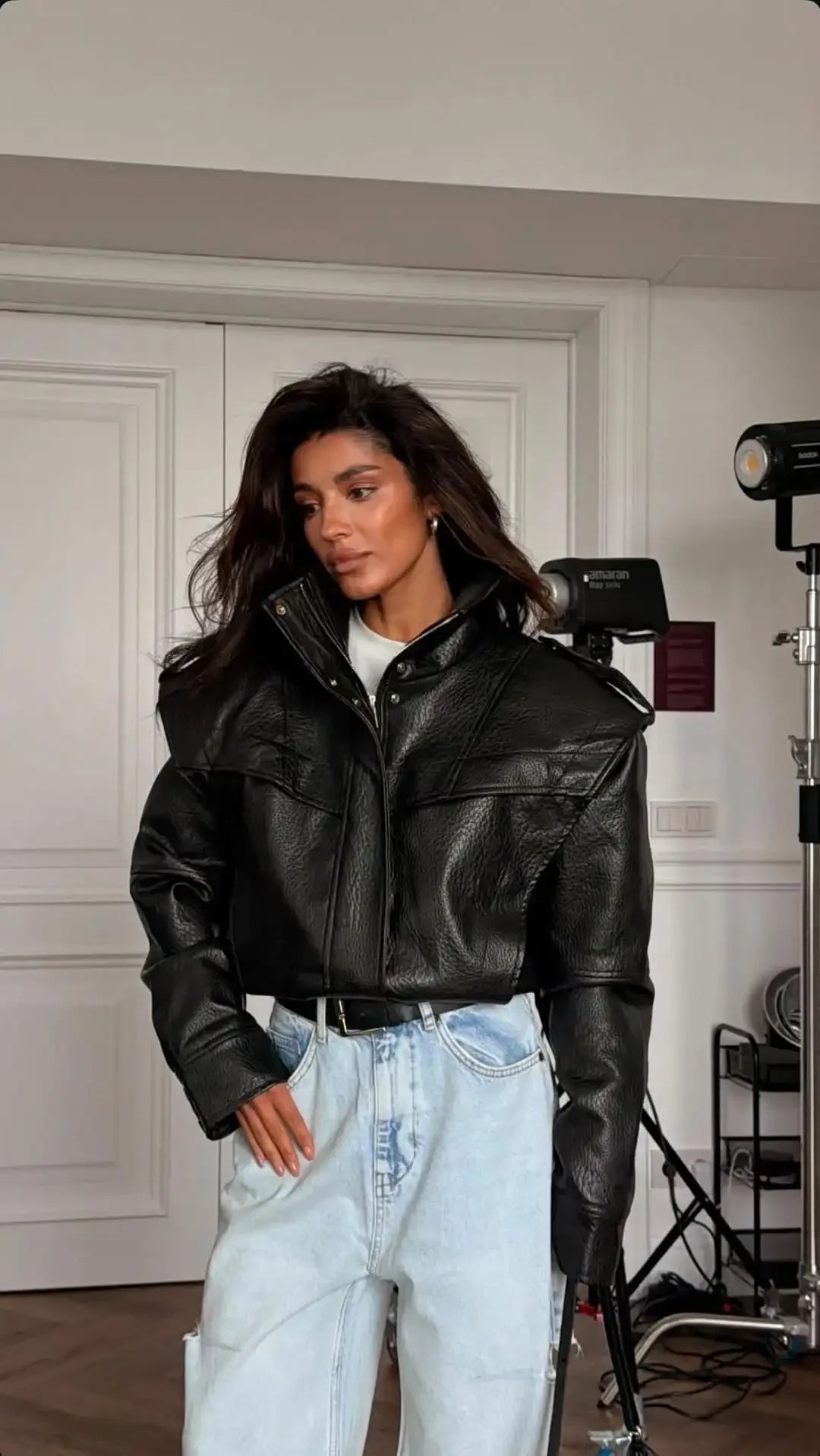 Black Faux Leather Stand Collar Zip Epaulet Cropped Jacket Long Sleeve Snap Button Pocket Coat 2026 Autumn Street Chic Coats New
