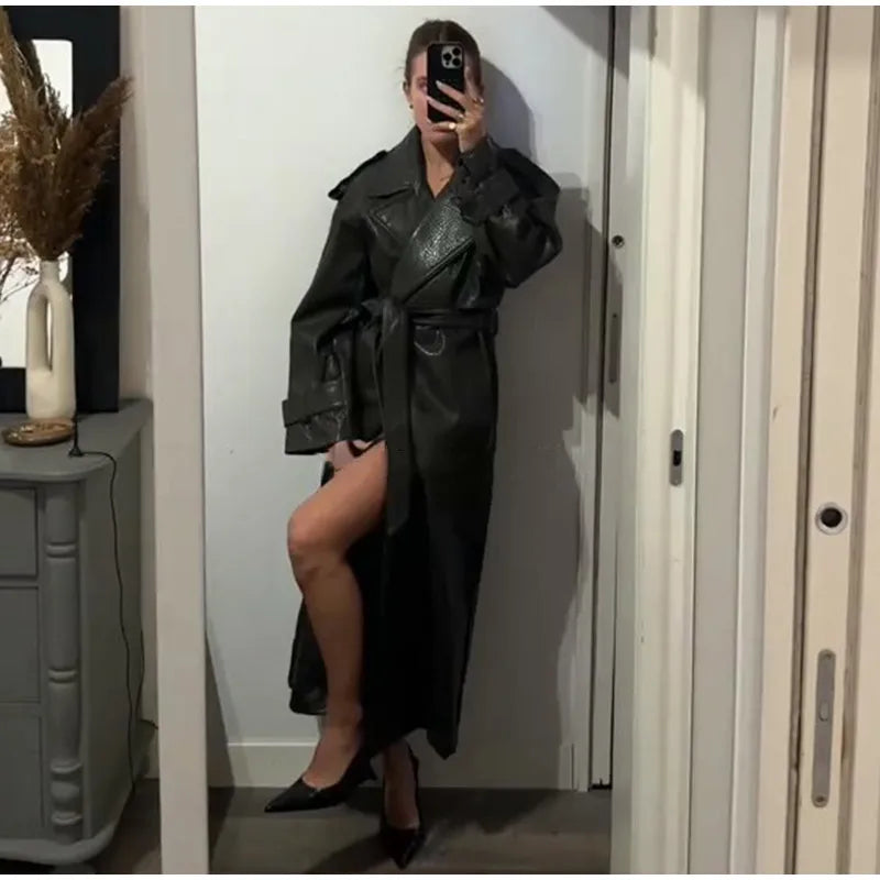 Double Breasted Lace up Long Leather Coat Woman Long Sleeves Loose Solid Color Casual Jackets Street Women's Early Autumn Coats