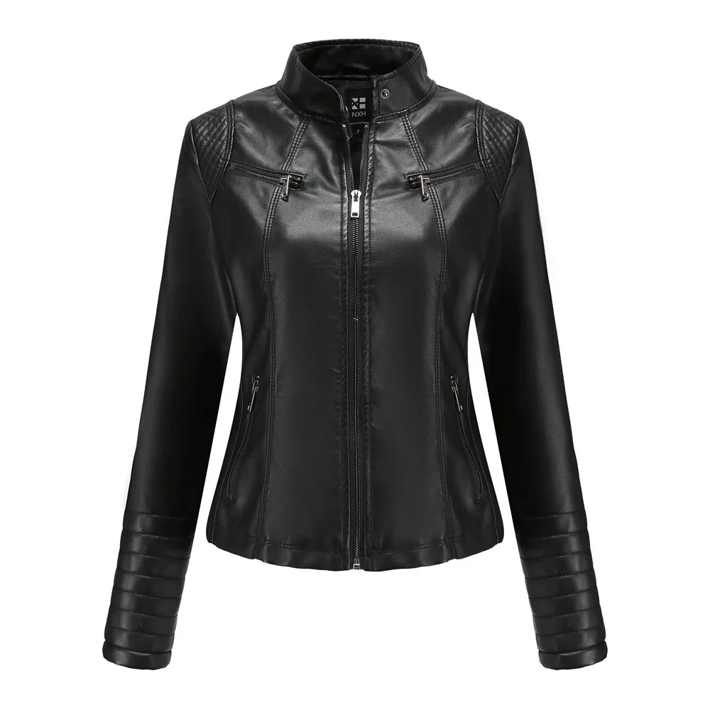 2026 New Women's Slim Leather Jacket, Stand-up Collar, Zipper Stitching, Monochromatic PU Coat, Fashion Clothing.