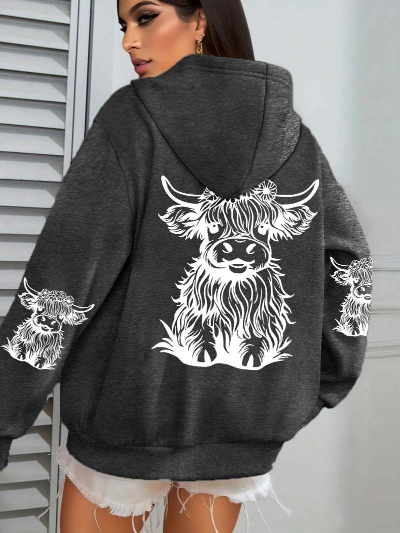 Cute Hair Cow Cartoon Printing Hoodies Womens Fleece Autumn Streetwear Comfortable Casual Hoodie Y2K Pocket All-Match Hoody