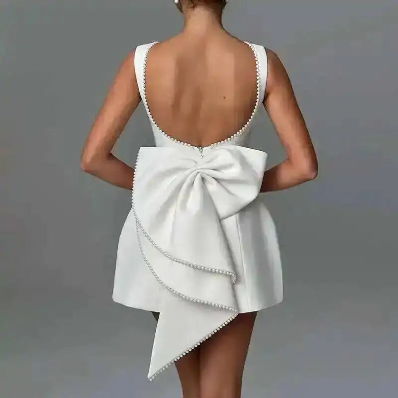 Townlike Bow Pearl Backless Sexy Party Dress Women Mini 2024 Summer Dress Elegant Waist Wrap A-line Dresses Vestidos