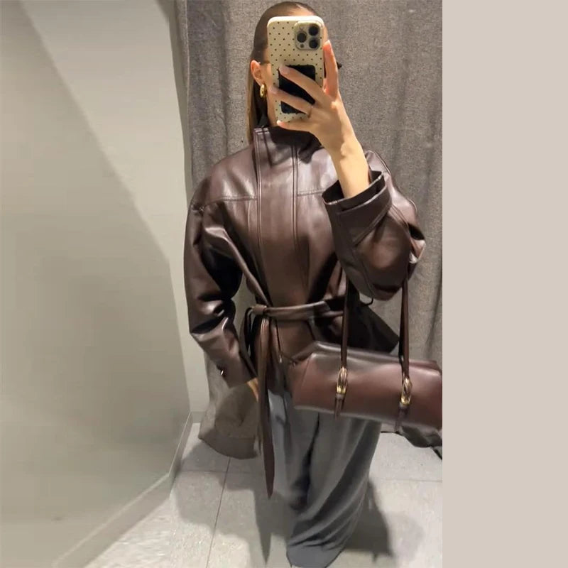 Faux Leather Jacket Stand Collar Winderbreaker Woman Waist Tie Belt Coat Long Sleeve Loose PU Leather Coat Street Wear Clothes