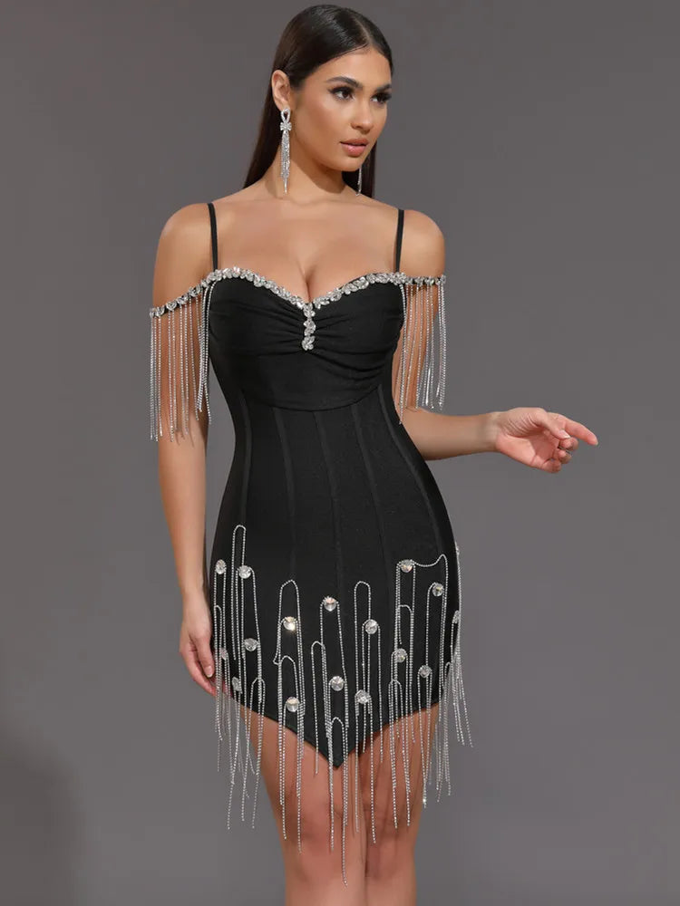 Women Celebrity Sexy Beading Crystal Black White Mini Bodycon Bandage Dress 2024 Knitted Elegant Evening Club Party Outfit