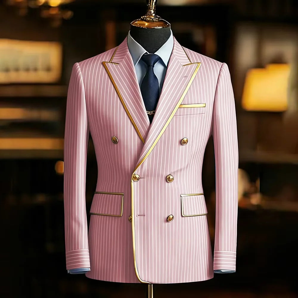Men's Pinstripe Blazer Double Breasted Slim Fit Peaked Lapel With Gold Trim Formal Suit Jacket  For Groomsman Wedding Prom Hot