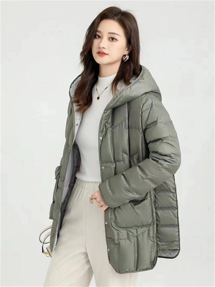 Autumn Winter Women Mid-Long Hooded Puffer Coat Ultra Light White Duck Down Jacket Female Single Breasted Parkas