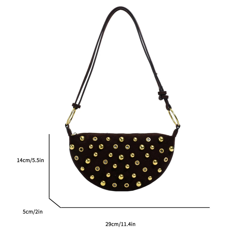 MOODS Branded Half-moon Shoulder Bags For Women Faux Suede Rivets Decor Crossbody Hobo Bags 2025 Latest Designer Handbags Luxury