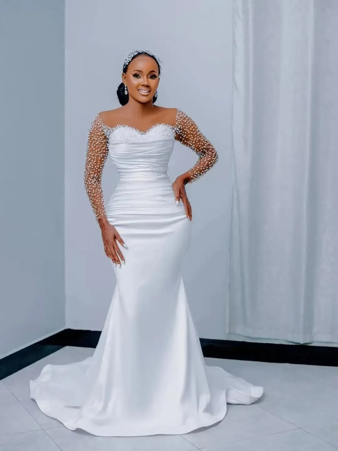 Customized Sparkly Pearls Beads Luxury Sheer Neck Mermaid Wedding Dress Vestido De Casamento Long Sleeve Stunning Bridal Gowns