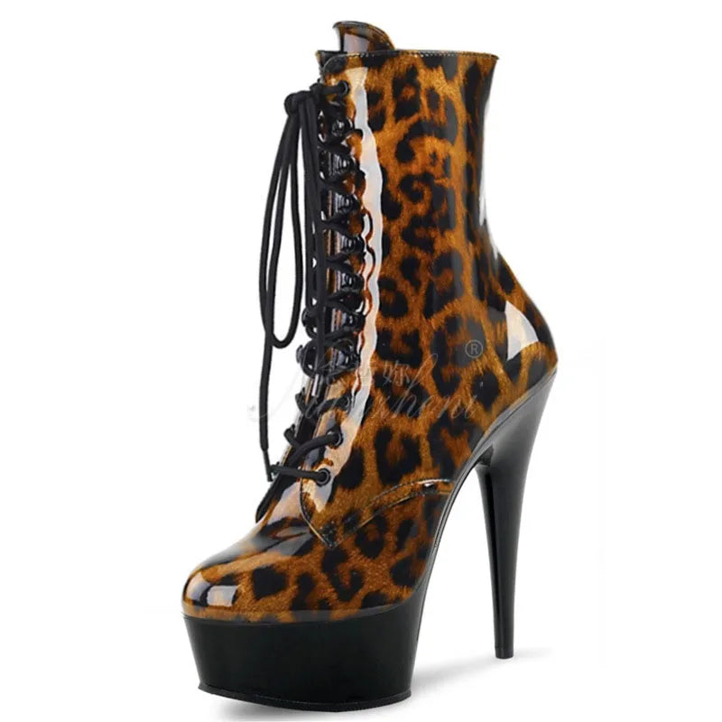 Exotic 20 cm Leopard Print Gothic Stripper Heels Size 34-46 8Inch Platform Ankle Boots Strip Pole Dance Catwalk Round Toe Women