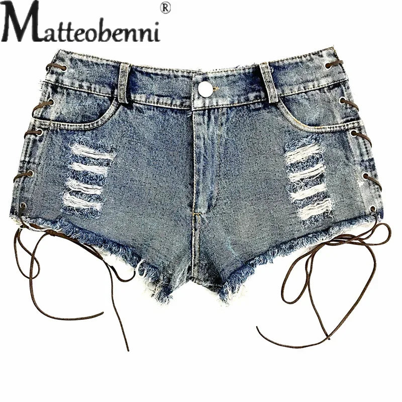 Sexy Hollow Out Lace-up Patchwork Cloth Ultra-short Shorts Ladies Nightclub Wear Women High Waist Denim Three Quarter Pants New