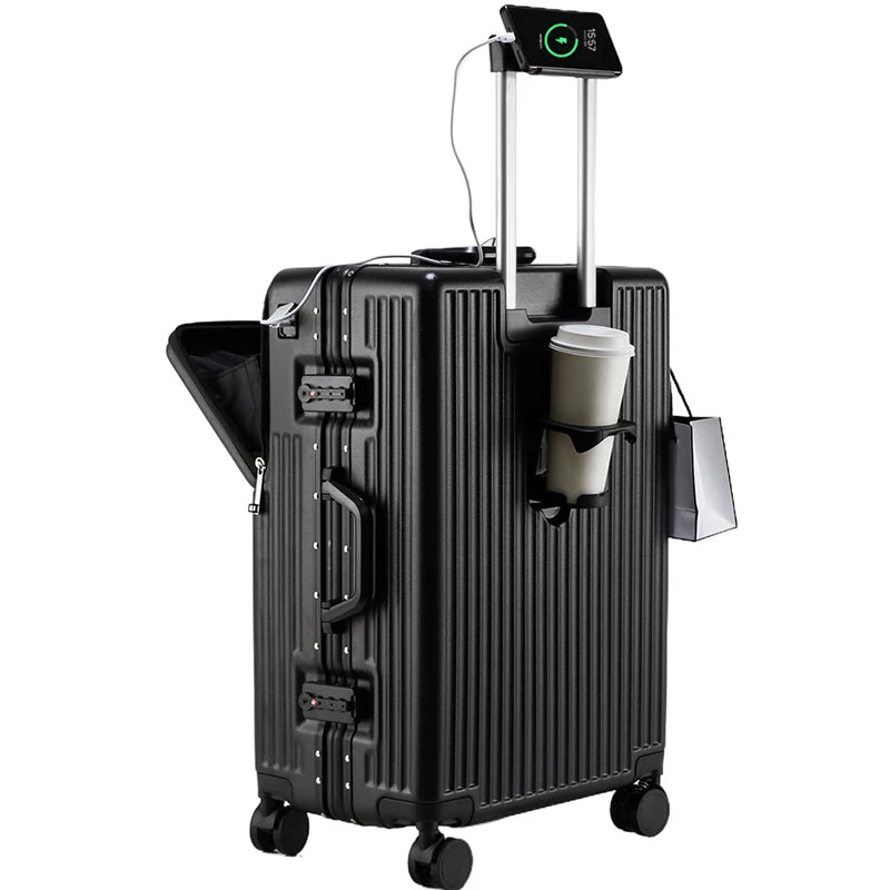 New 20'' Boarding Box Front Opening Suitcase Aluminium Frame 24/27 inch Rolling Luggage with Cup Holder Mobile Phone Holder