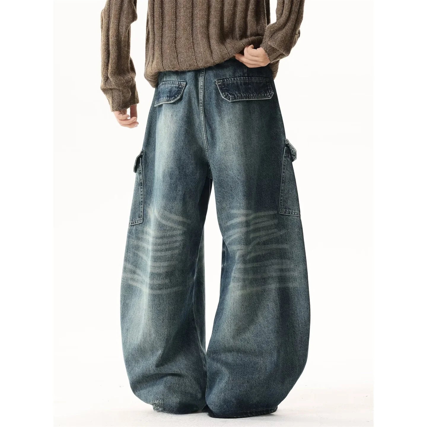 American Style Vintage Washed Large Pocket Knife Jeans Men Loose Straight Cut Workwear Floor-Length Wide Leg Pants
