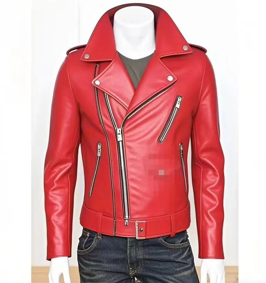 Winter and Autumn Men's Oversized Button-down PU Leather Coat with Multiple Zippers Polo Jacket, with Many Zippers