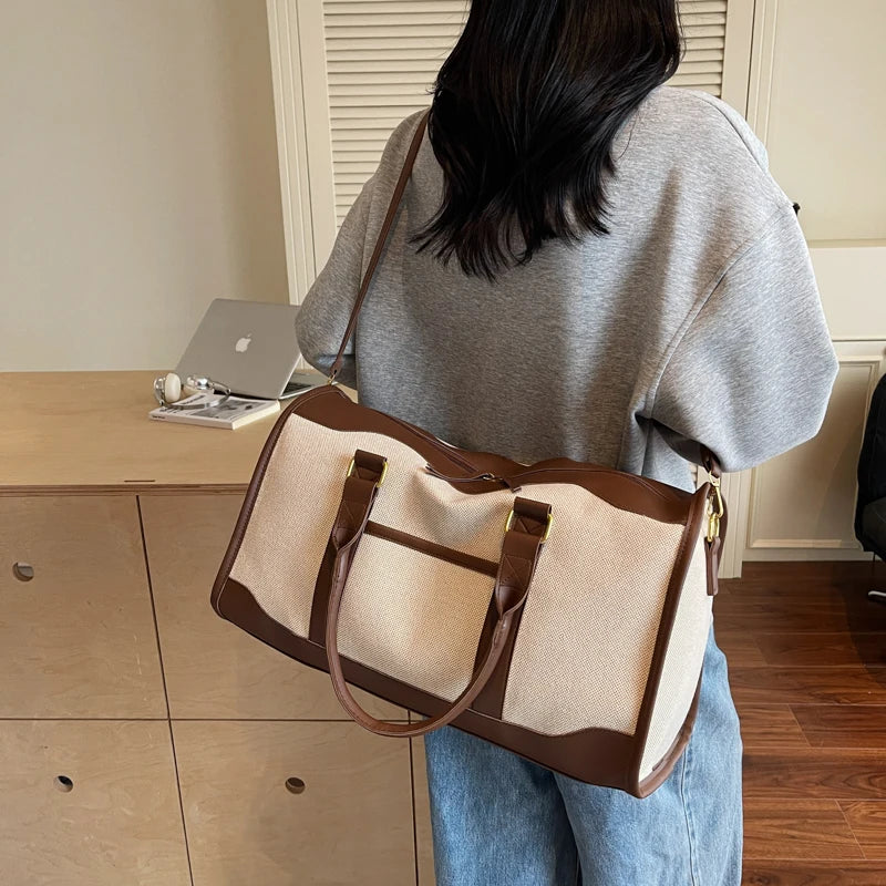 Oversized Travelling Handbags For Women Cotton Fabric Large Capacity Airplane Luggage Bag Simple Fashion Shoulder Crossbody Bags