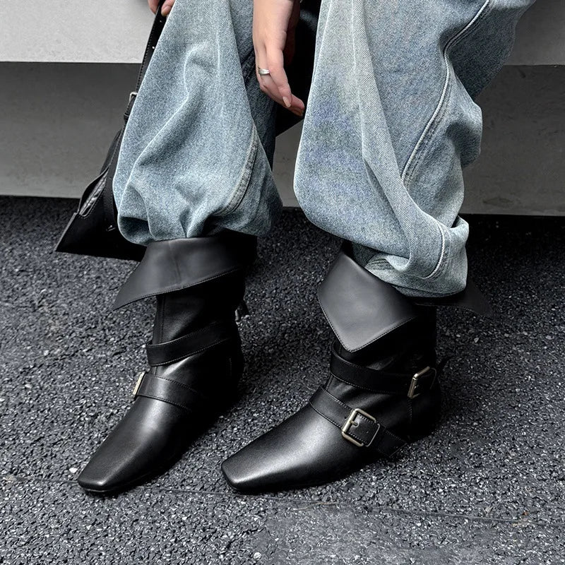 Arden Furtado Autumn Belt buckle cowhide Mid-Calf boots Square toe pull-on Middle heel Modern boots Large size Women's Boots