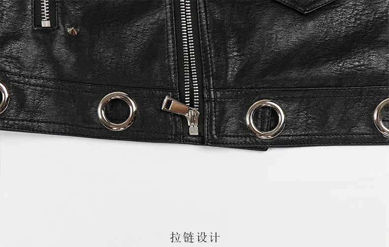 Nerazzurri Spring Autumn Short Hollow Out Pu Leather Jacket Women Rivet Cool Stylish Luxury Designer Clothes Runway Fashion 2024