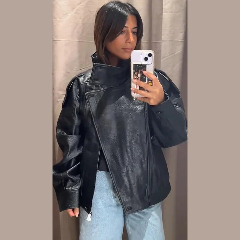 Fashion Leather Women's Jacket Y2k Street Single-breasted High Neck Female Coats 2026 Autumn Black Pu Long Sleeve Lady Jackets
