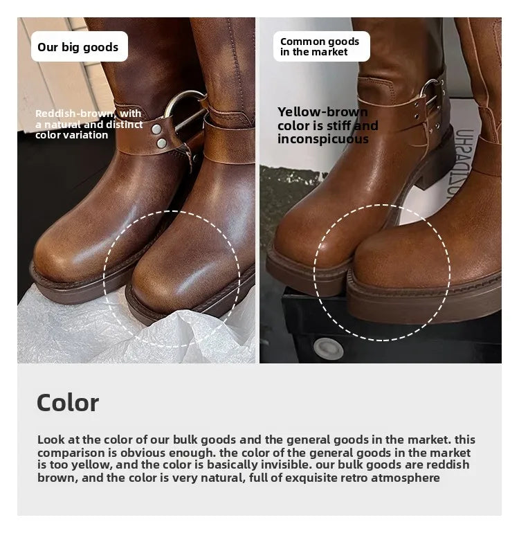 Arden Furtado Women's Cowhide Riding Boots Round Toe Pull-On Mid-Calf Genuine Leather Boots with Belt Buckle Knight Style