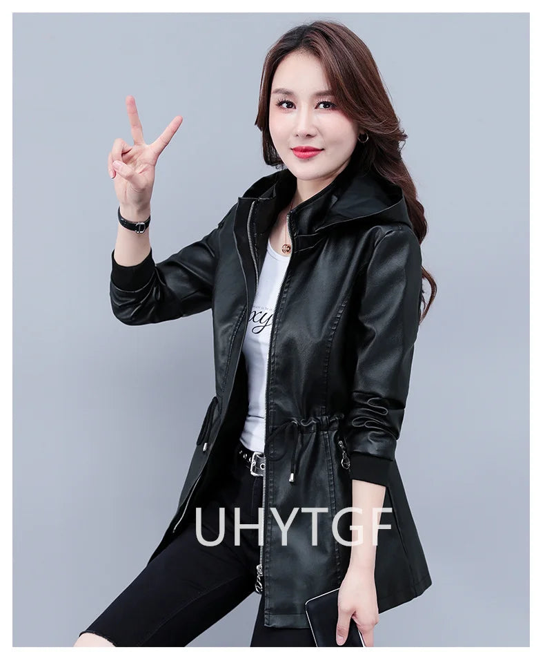 UHYTGF Fleece Winter Leather Female Quality Pu Leather Windbreaker Women Temperament Slim Warm 3XL Big Size Coat Deri Ceket 425