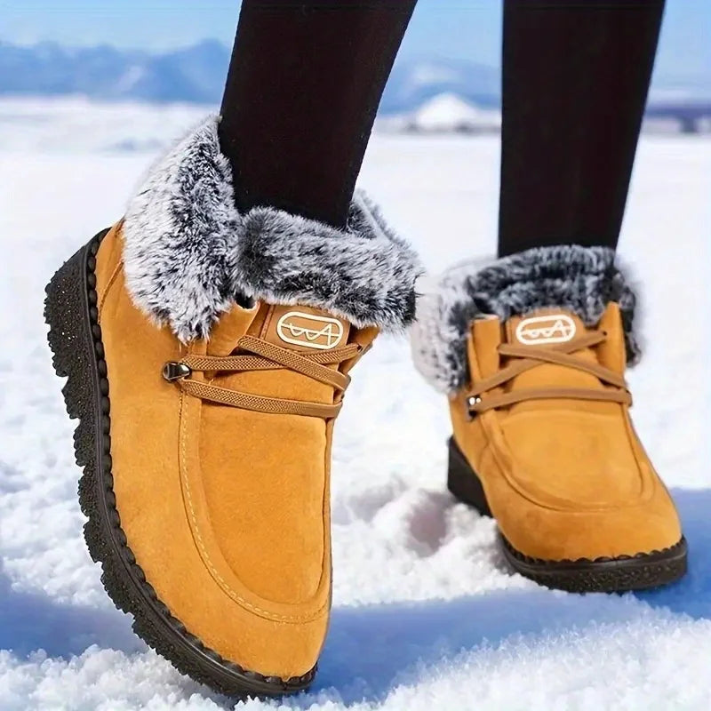 Women Winter Suede Snow Boots Warm Thick Furry Lined Ankle Booties Lace Up Non Slip Lug Sole Waterproof Thermal Shoes for Outdoor Snowfield Walking Cold Weather Daily Casual Wear Black Yellow Navy Three Classic Colors Ladies