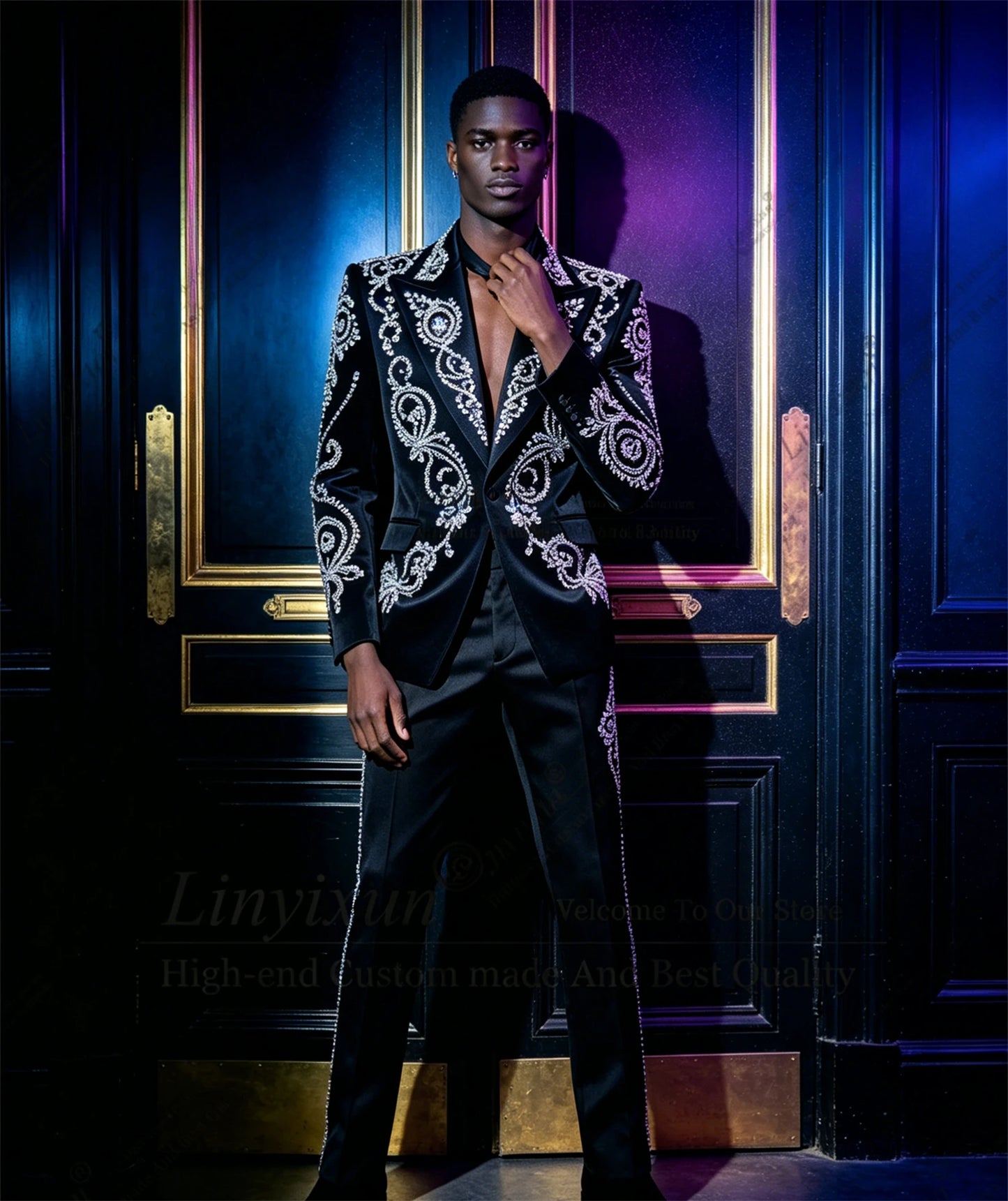 Luxury Metal Embellished Diamond Men Suits Peaked Lapel Groom Tuxedos Party Prom Blazer Customized 2 Pieces Sets Costume Homme