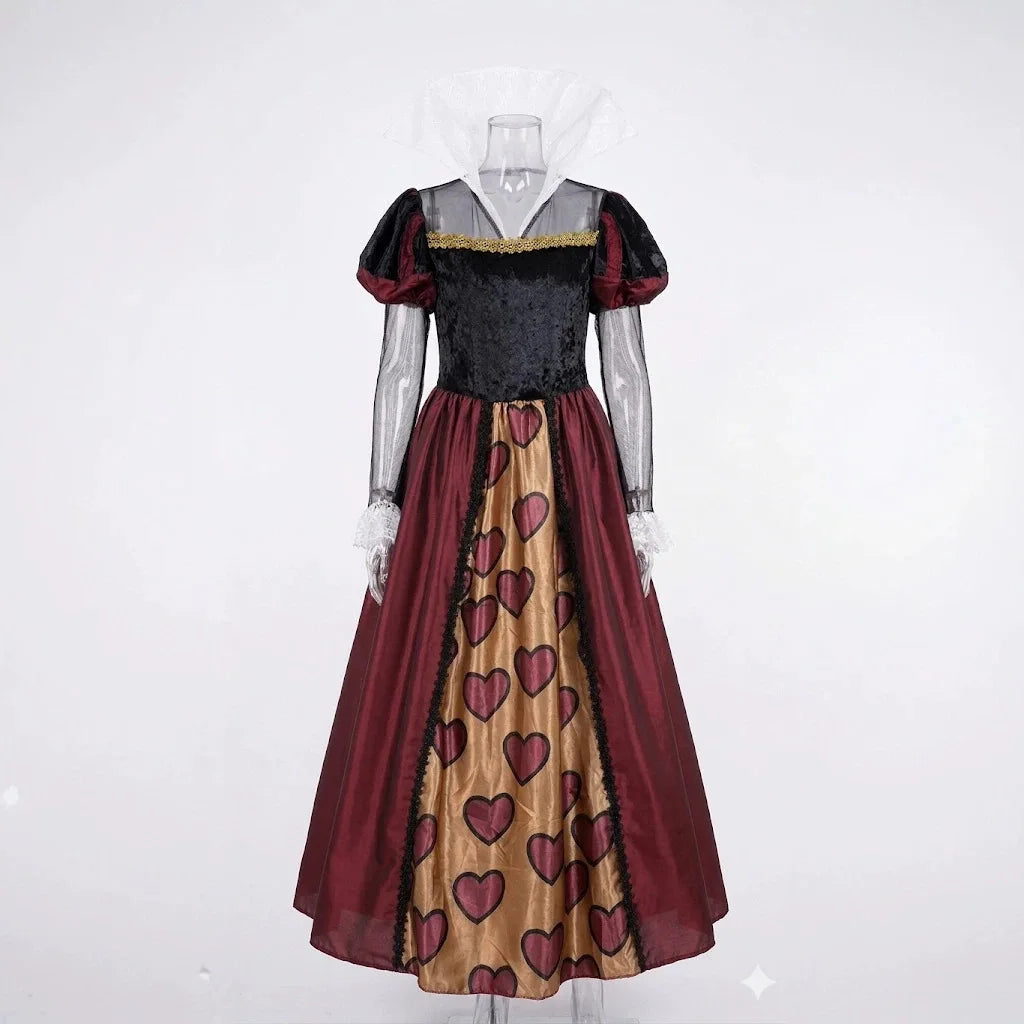 Women Queen of Hearts Costume Red Black Dress with Crown Scepter for Halloween Alice Cosplay Part