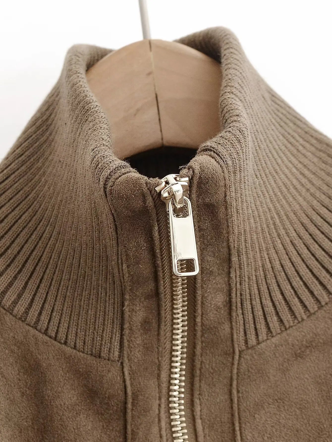TFMLN 2026 Women Suede Leather Jacket with Pockets Autumn Winter High Collar Long Sleeve Zipper Jacket Lady Slim Chic Coats
