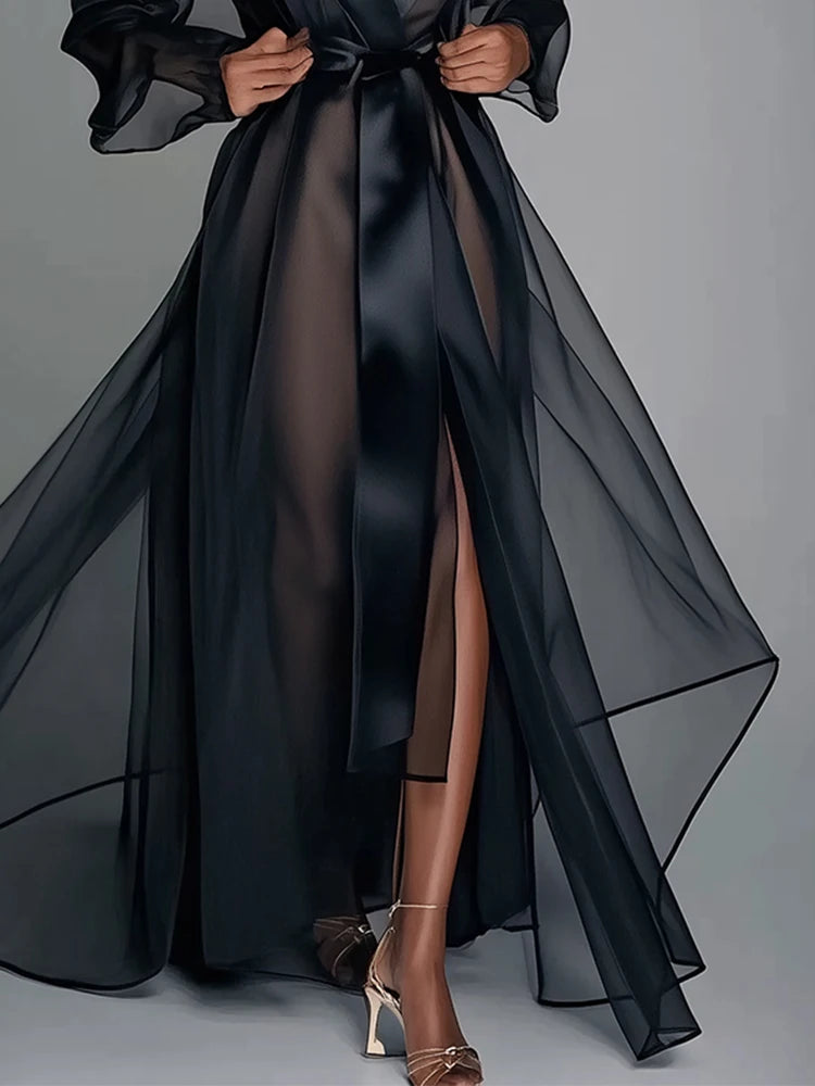 Organza See Through Long Sleeve Lace Up Robe Maxi Dress Summer Lapel Collar Fashion Bridal Robes Women's Gown Solid Party Dress