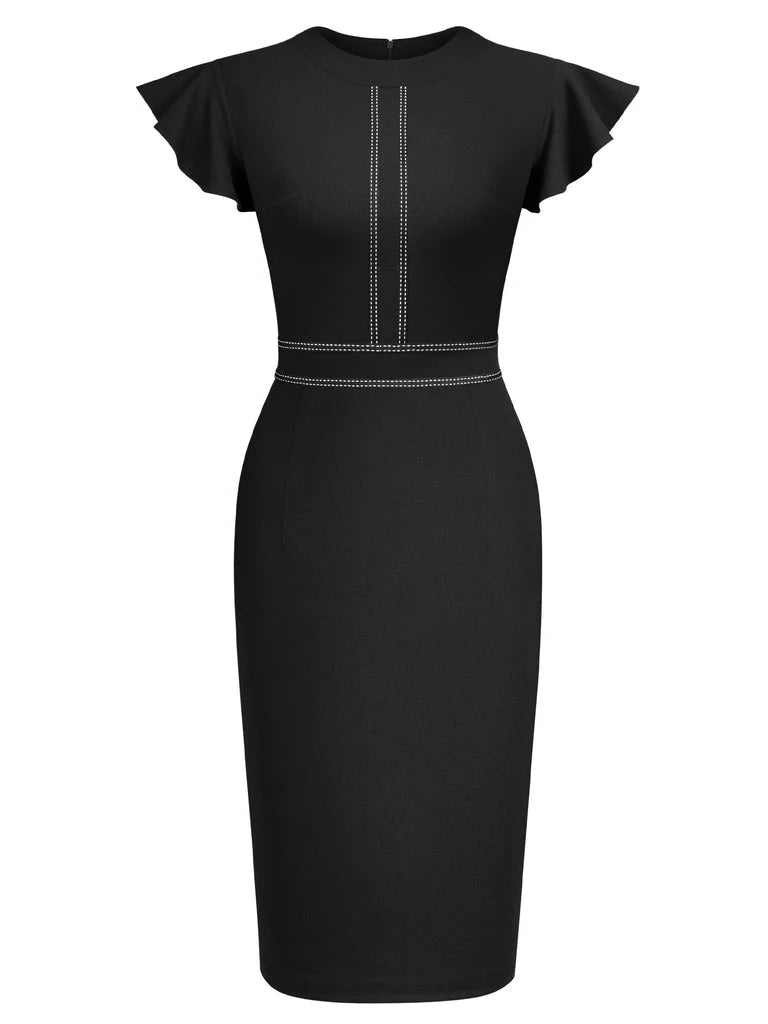 Women Crew Neck Ruffle Vintage Slim Work Office Cocktail Party Knee Length Sheath Bodycon Pencil Slim Dress