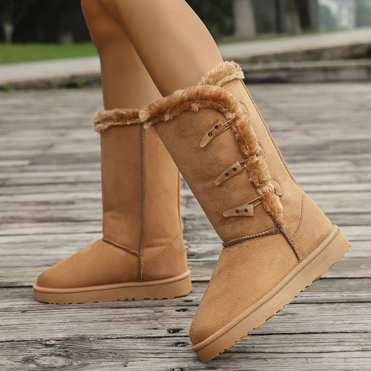 Women Snow Boots Winter Mid-calf Boots Warm Cotton Shoes Fashion Solid Color Button Ladies Brown Long Boots Plus Size 42