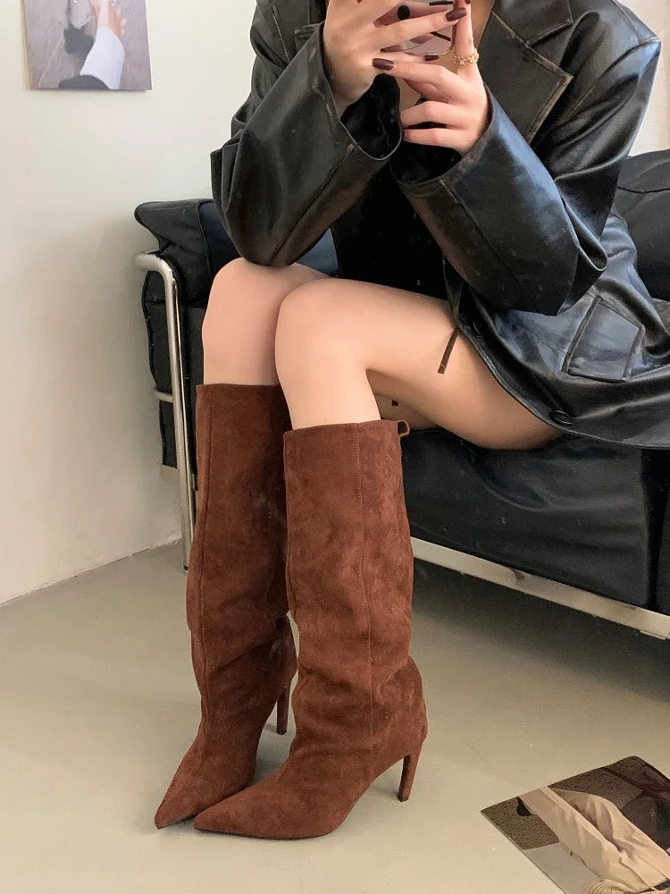 Aneikeh Fashion Winter Pointed Toe Knee-High Women Boots Thin Heels Shoes Female Punk Long Booties Zapatos De Muje