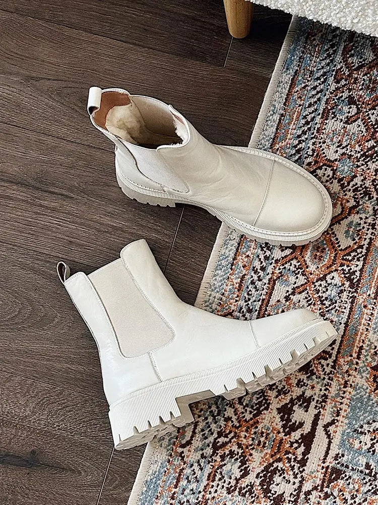 BeauToday Chelsea Women's Genuine Leather Boots Platform Round Toe Elastic Band Thick Sole Ladies Shoes Handmade 02379S