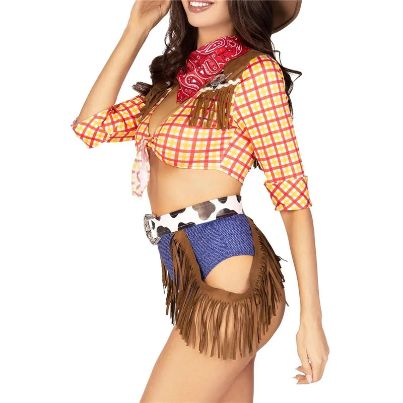 Halloween Women Cowgirl Cosplay Costume Retro Western Plaid Fringe Decor Crop Top Shorts With Bandana Belt Club Party Outfit