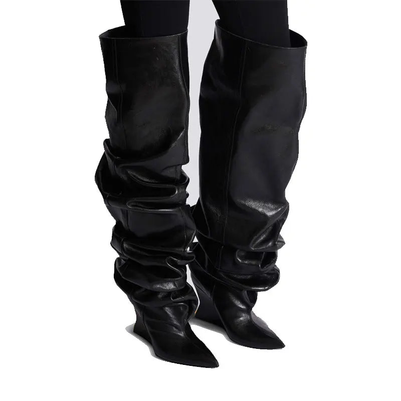Women's Fashion Pointed Thick Soled Pleated Short Boots, Autumn and Winter Thick Heeled Long Boots, Sexy Runway Women's Boots