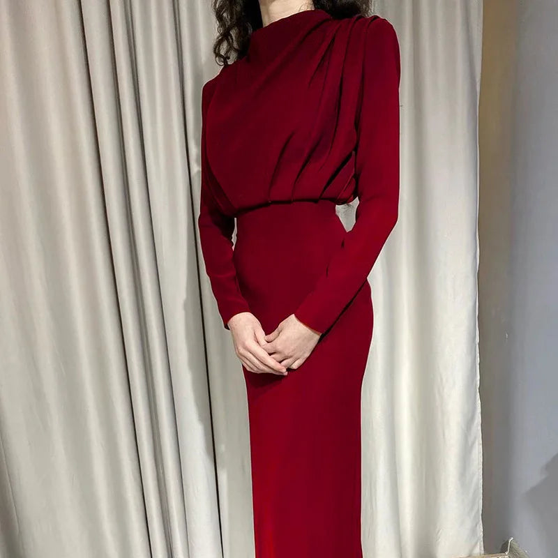 Women's Spring New Dresses with European and American Temperament, Waist Wrapped Solid Color Skirt, Long Sleeves, Round Neck