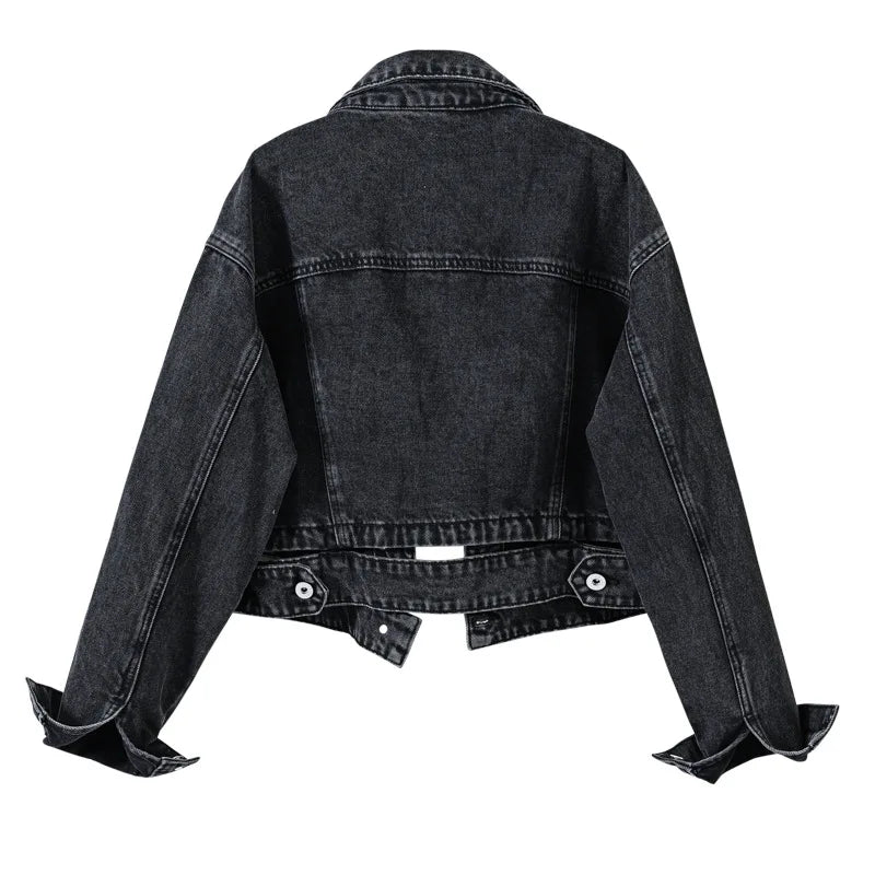 2026 Women's Blue Shorts Denim Jacket, Fashion Casual Coat Black Lapel Single-breasted Long-sleeved Female Overcoat S-XXXL