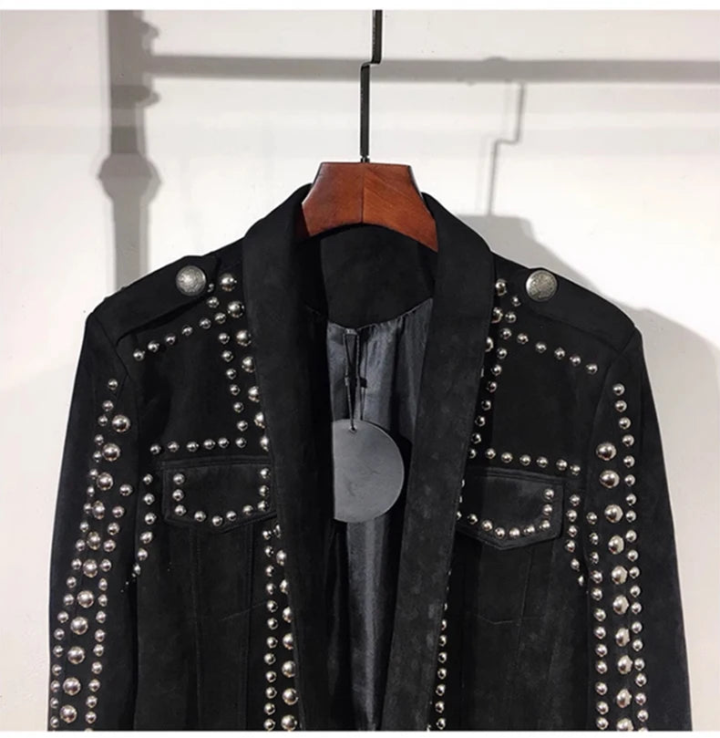 Mauroicardi Spring Autumn Cool Studded Short Black Faux Suede Leather Jacket Men Luxury Designer Emo Night Club Wear Clothes