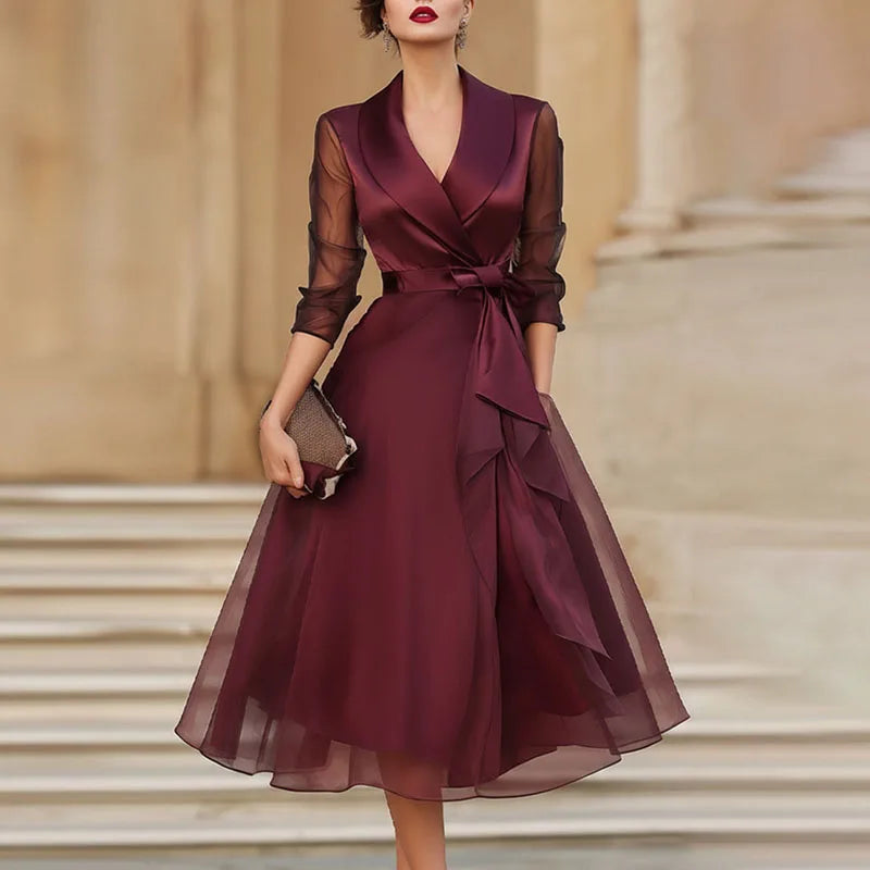 Elegant Lapel Ruffle Mesh Party Dress Woman Spring Solid High Waist Bowknot Flowy Maxi Dress Summer Sheer Sleeve Sexy Boho Dress