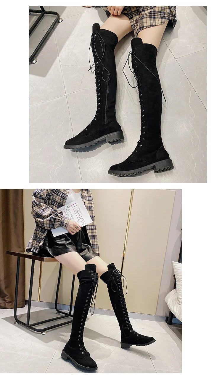Side Zipper Lace-up Women's Long Botas Brown Black Suede Mid Heel Over-the-Knee Boots for Women Ladies Thigh High Boots Size 43