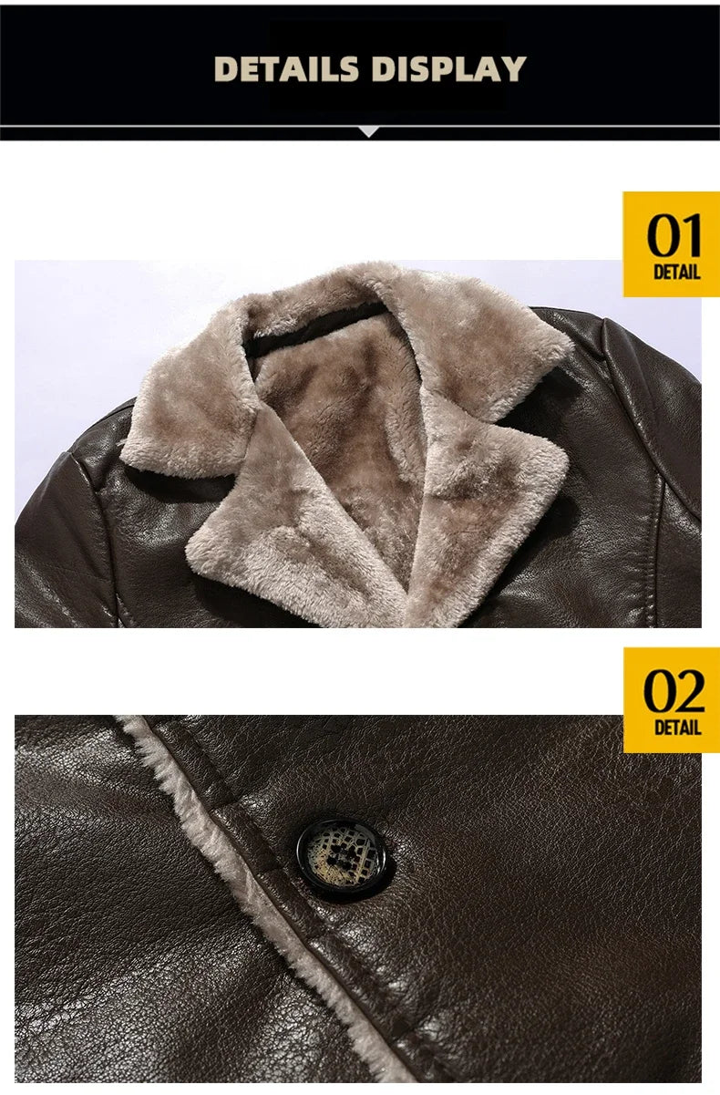 Men's Medium and Long PU Leather Jacket, Business Velvet Lapel Blazer, Single-Breasted Vintage Design Jacket