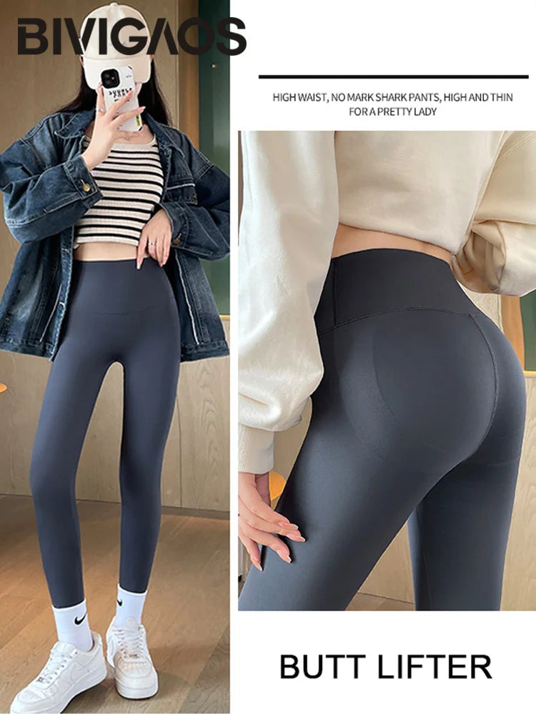 BIVIGAOS Seamless Basic Shark Leggings Women's Fall Winter Thin Fleece Sports Leggings Elastic Warm Fitness Yoga Leggings