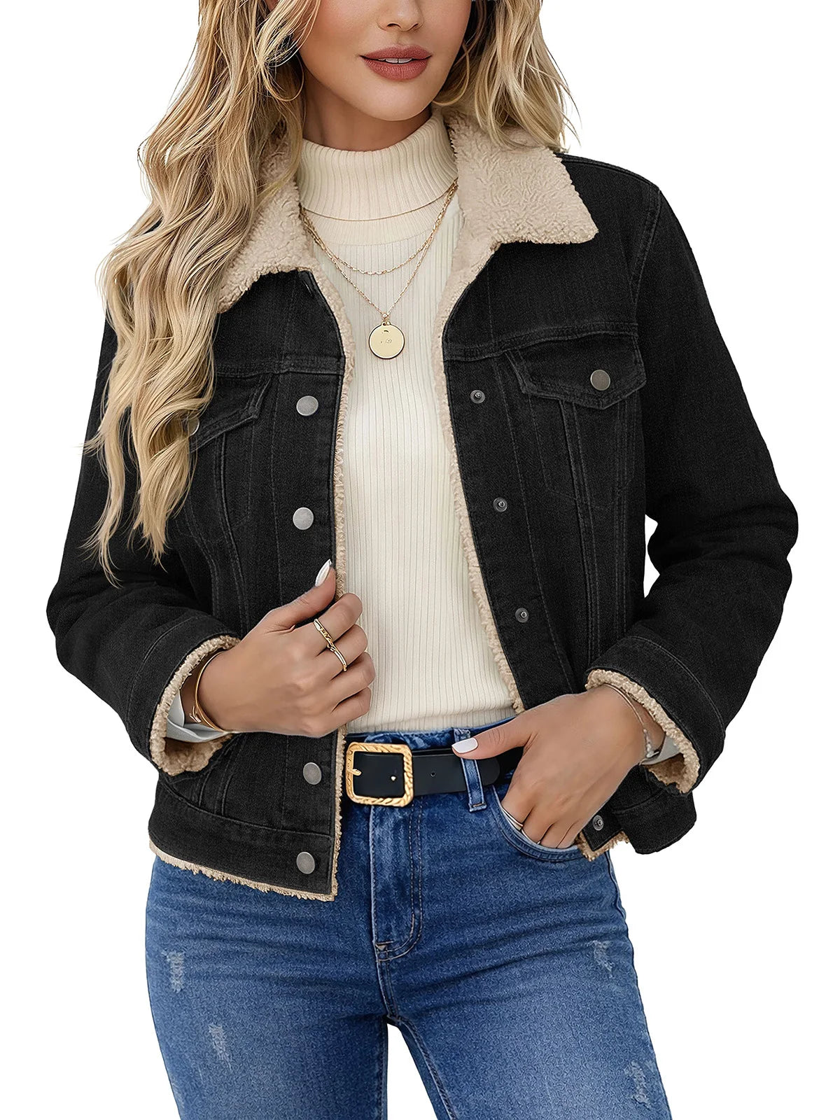 TACVASEN Women's Sherpa Lined Denim Jacket Winter Warm Fleece Trucker Coat Classic Button Down Outerwear with Multi-Pockets