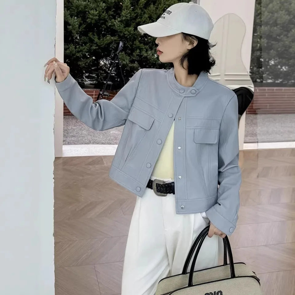 Fashionable Short PU Leather Jacket Women's Loose Slimming Biker Style Spring Autumn New Arrival Korean Version Casual Coat