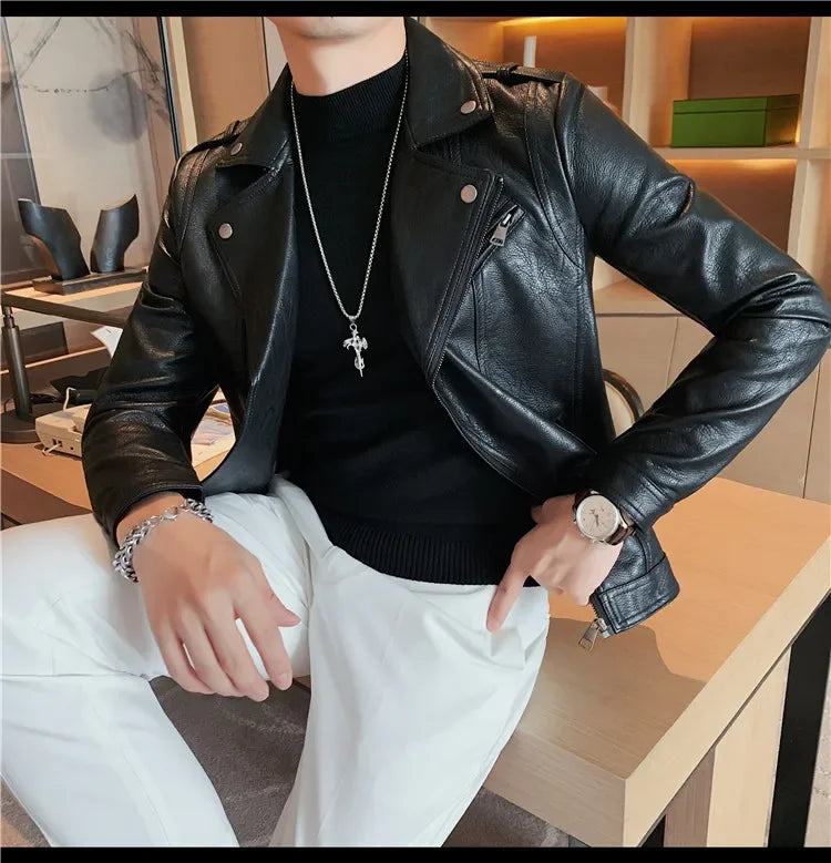 Men High Quality Faux Leather Jacket Vintage Oblique Zipper  Slim Fit Motorcycle Outwear Male Autumn Winter PU Leather Coats